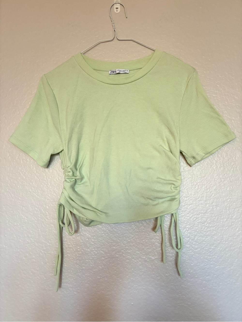 Zara Light Green Ruched Side-Tie Cropped T-shirt